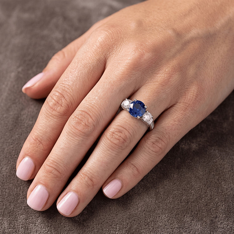 Bague Diamant Rond Saphir Bleu Serti Clos Or Blanc 3 Carats 14K