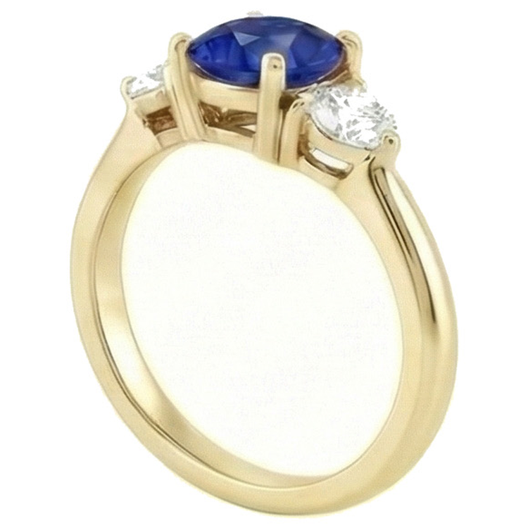 Bague Diamant Rond Saphir Ceylan 2 Carats 3 Pierres Or Jaune Griffes