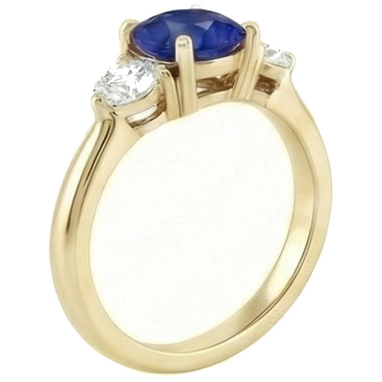 Bague Diamant Rond Saphir Ceylan 2 Carats 3 Pierres Or Jaune Griffes