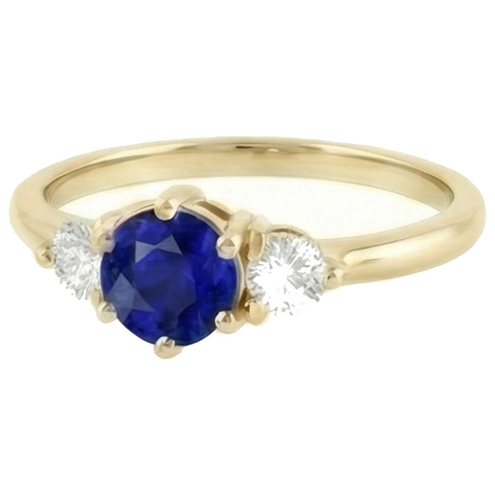 Bague Diamant Rond Saphir Ceylan 2 Carats 3 Pierres Or Jaune Griffes