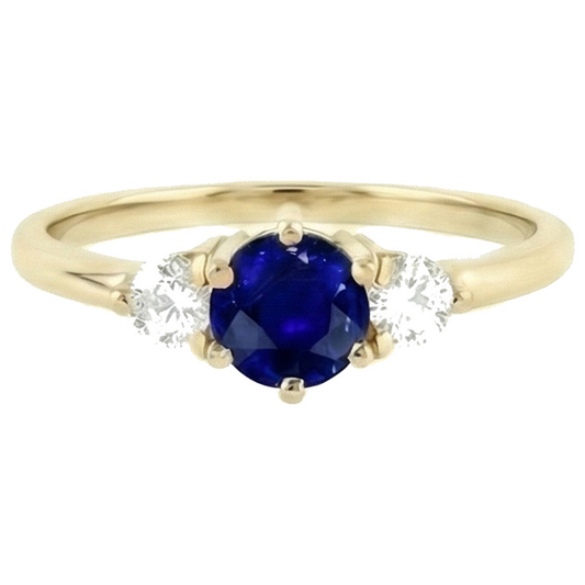 Bague Diamant Rond Saphir Ceylan 2 Carats 3 Pierres Or Jaune Griffes