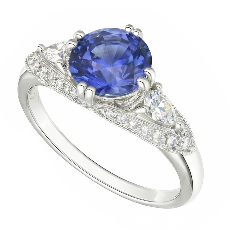 Bague Diamant Rond Saphir Ceylan Style Antique 2.75 Carats