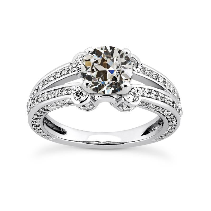 Bague Diamant Rond Taille Ancienne Tige Fendue Or Blanc 6 Carats Bijoux