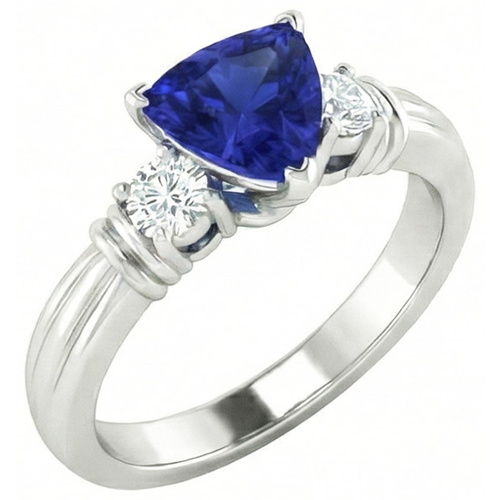 Bague Diamant Rond Trois Pierres Trillion Saphir Ceylan 1.75 Carats