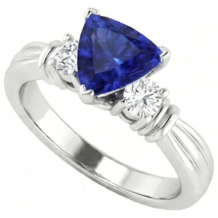 Bague Diamant Rond Trois Pierres Trillion Saphir Ceylan 1.75 Carats