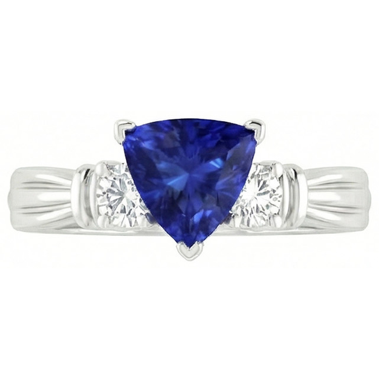 Bague Diamant Rond Trois Pierres Trillion Saphir Ceylan 1.75 Carats