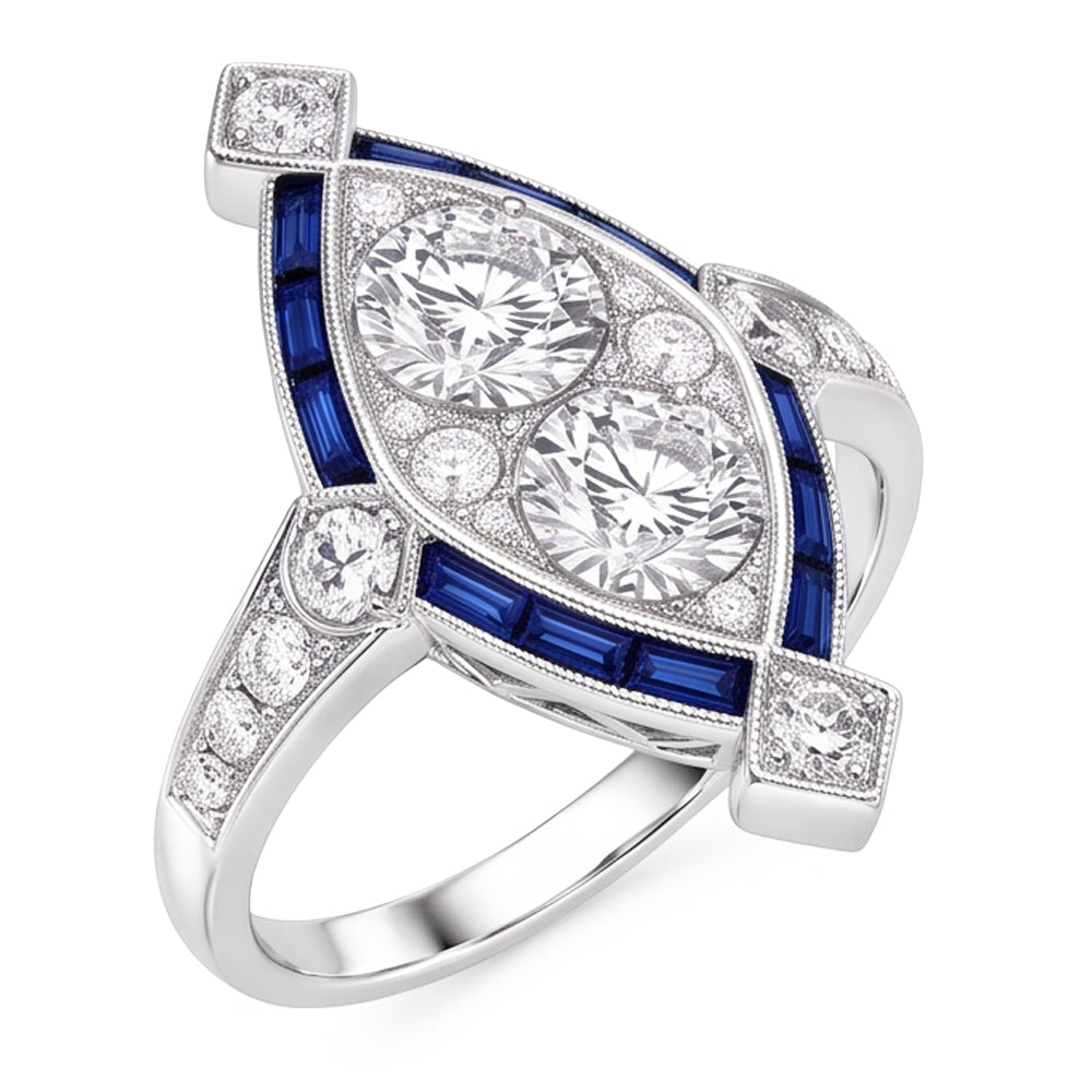 Bague Diamant Rond Vieux mineur & Saphir Baguette 1.75 Carats
