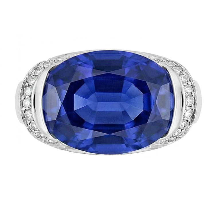 Bague Diamant Rond et Saphir Bleu Taille Ovale Sertissage Barrette 5.50 Carats