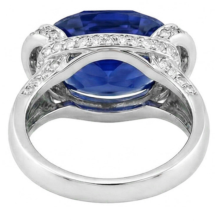 Bague Diamant Rond et Saphir Bleu Taille Ovale Sertissage Barrette 5.50 Carats
