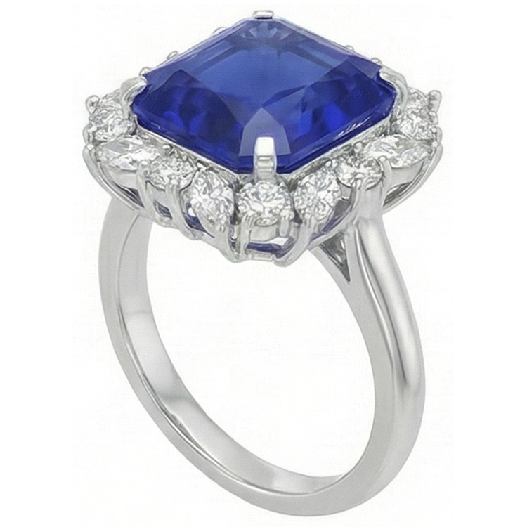 Bague Diamant Saphir Bleu Asscher 7 Carats