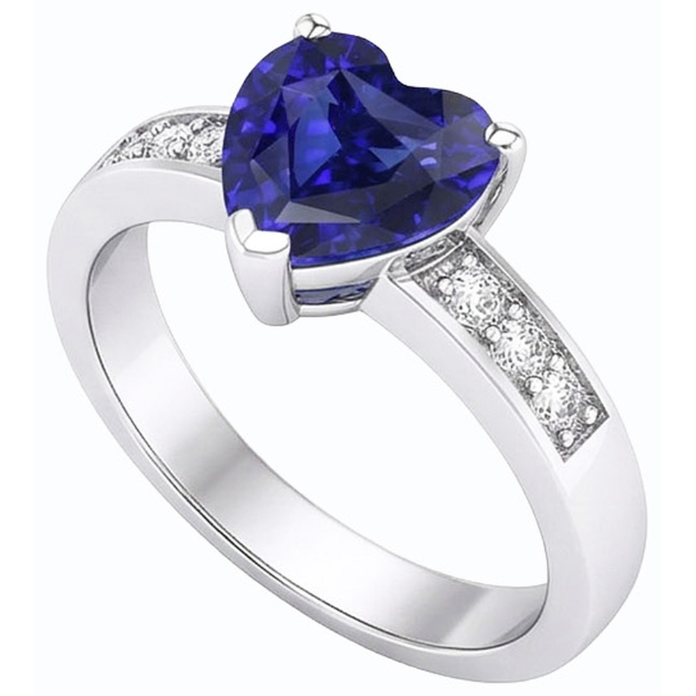 Bague Diamant Saphir Bleu Coeur Pierres Précieuses Or 14K 2.50 Carats