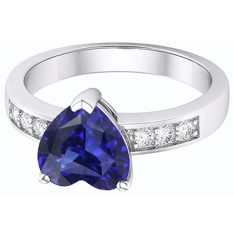 Bague Diamant Saphir Bleu Coeur Pierres Précieuses Or 14K 2.50 Carats
