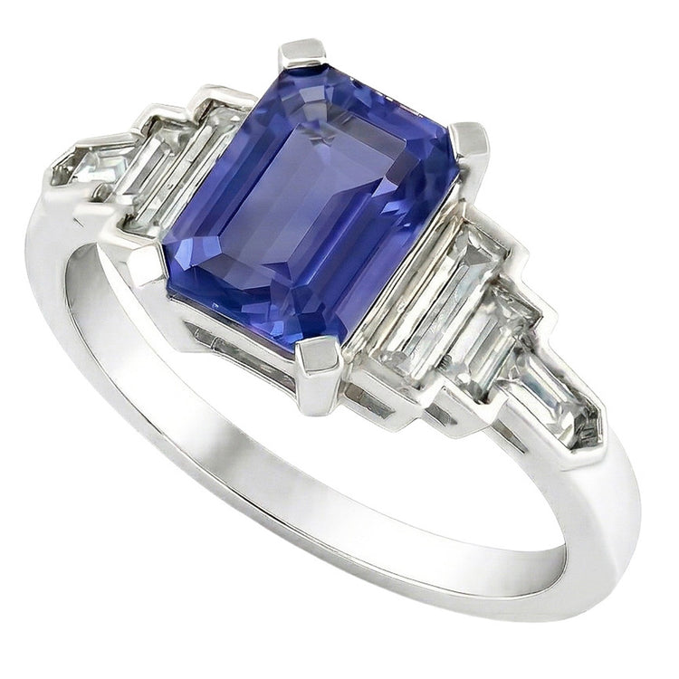 Bague Diamant Saphir Bleu Émeraude Avec Accents Baguette 3 Carats