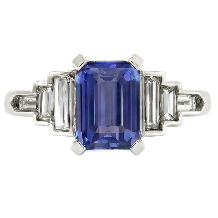 Bague Diamant Saphir Bleu Émeraude Avec Accents Baguette 3 Carats
