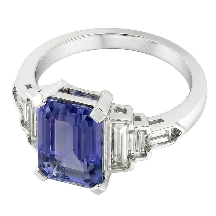 Bague Diamant Saphir Bleu Émeraude Avec Accents Baguette 3 Carats