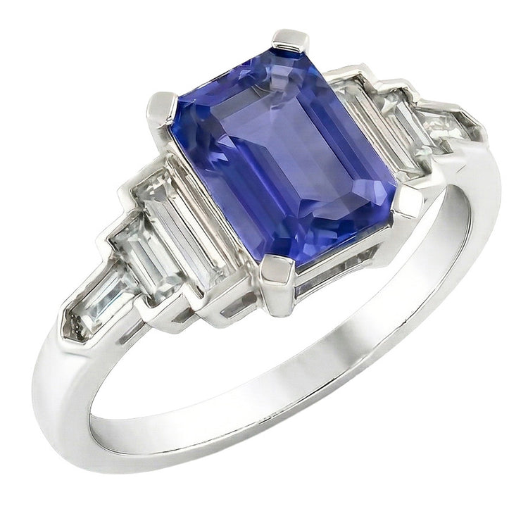 Bague Diamant Saphir Bleu Émeraude Avec Accents Baguette 3 Carats
