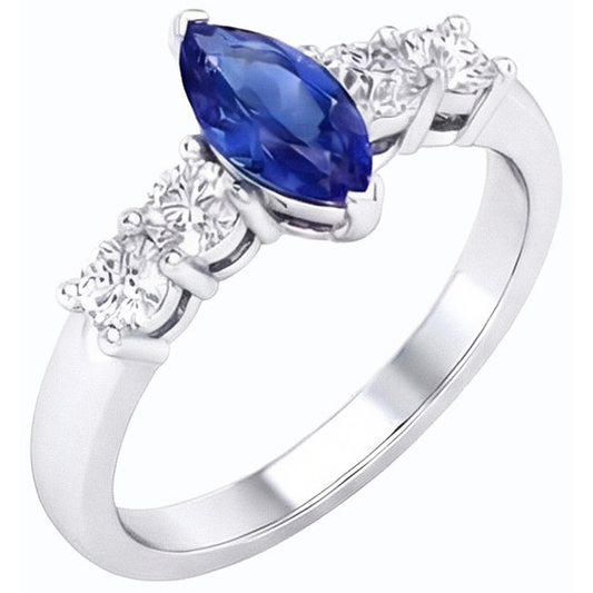 Bague Diamant Saphir Bleu Marquise & Bijou Rond 1.50 Carats