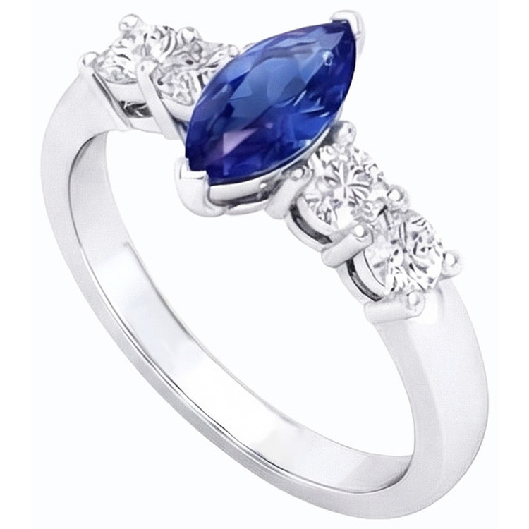 Bague Diamant Saphir Bleu Marquise & Bijou Rond 1.50 Carats