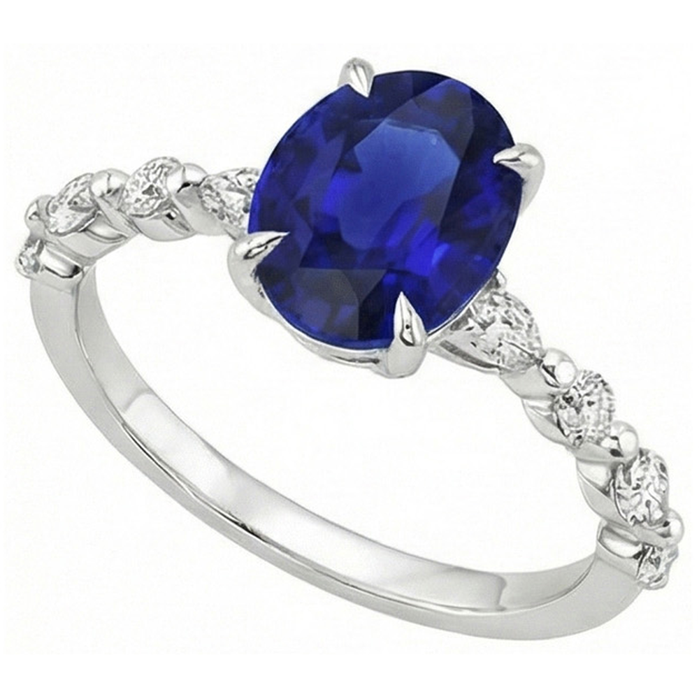 Bague Diamant Naturels Extraits des Mines ( et non cultivés en laboratoire ) Saphir Bleu Ovale Or Marquise & Taille Ronde 6 Carats Neuf