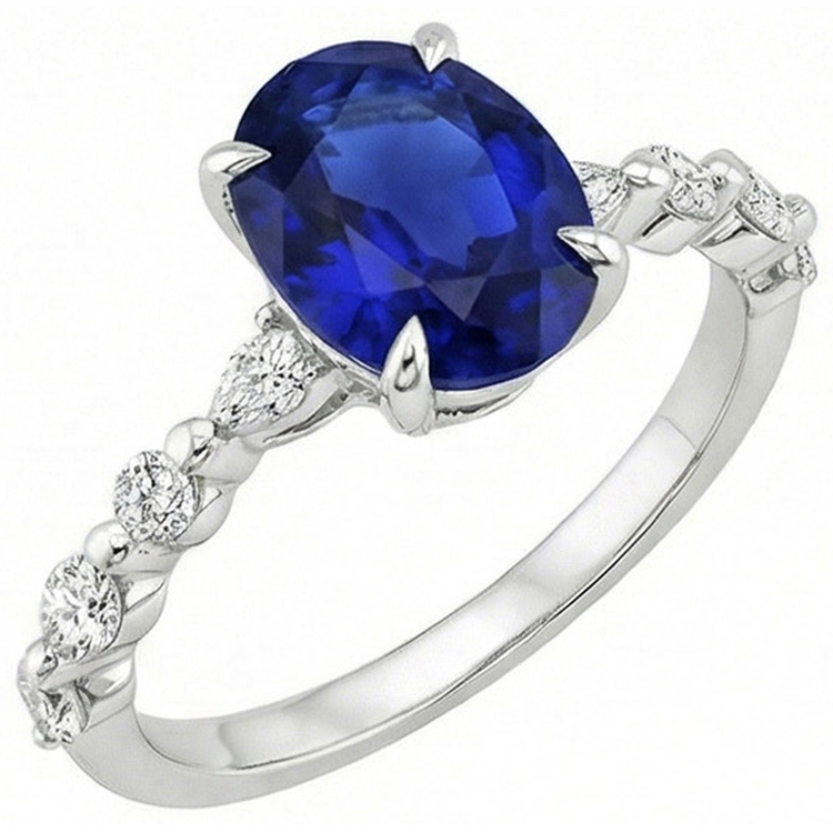 Bague Diamant Naturels Extraits des Mines ( et non cultivés en laboratoire ) Saphir Bleu Ovale Or Marquise & Taille Ronde 6 Carats Neuf