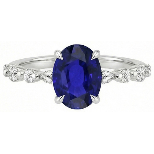 Bague Diamant Naturels Extraits des Mines ( et non cultivés en laboratoire ) Saphir Bleu Ovale Or Marquise & Taille Ronde 6 Carats Neuf