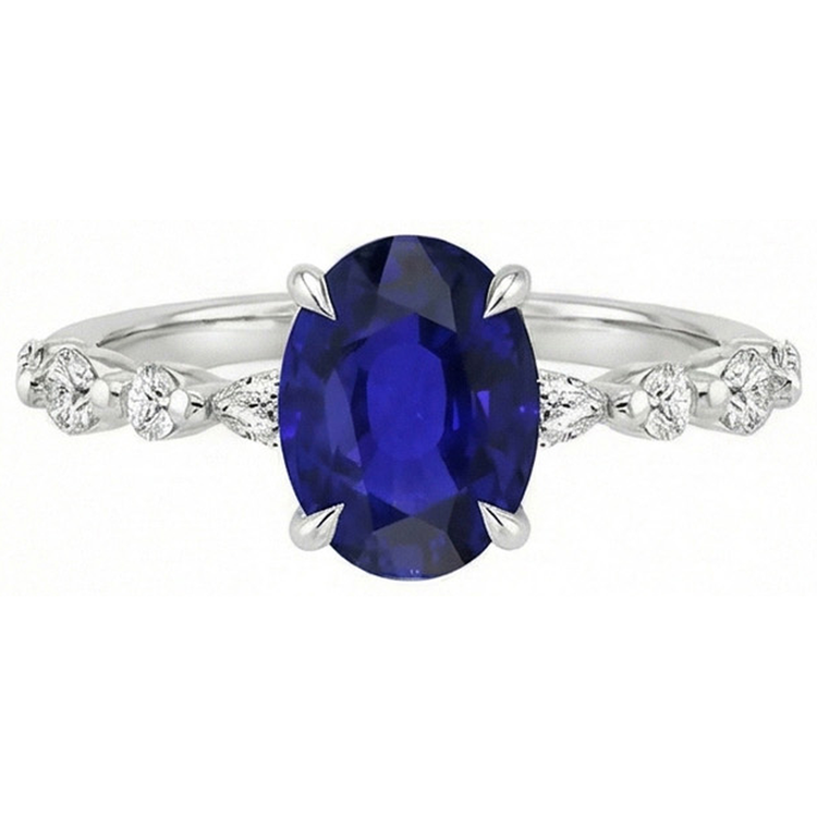 Bague Diamant Naturels Extraits des Mines ( et non cultivés en laboratoire ) Saphir Bleu Ovale Or Marquise & Taille Ronde 6 Carats Neuf