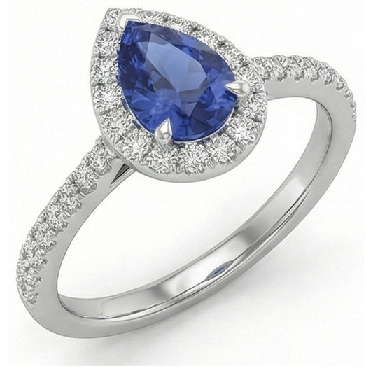 Bague Diamant Naturels Extraits des Mines ( et non cultivés en laboratoire ) Saphir Bleu Sri Lanka Forme Poire Or 2 Ct