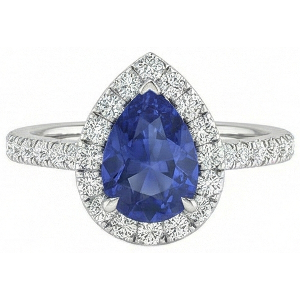 Bague Diamant Naturels Extraits des Mines ( et non cultivés en laboratoire ) Saphir Bleu Sri Lanka Forme Poire Or 2 Ct