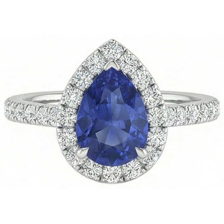 Bague Diamant Naturels Extraits des Mines ( et non cultivés en laboratoire ) Saphir Bleu Sri Lanka Forme Poire Or 2 Ct