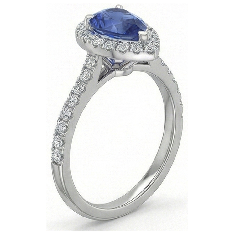 Bague Diamant Naturels Extraits des Mines ( et non cultivés en laboratoire ) Saphir Bleu Sri Lanka Forme Poire Or 2 Ct