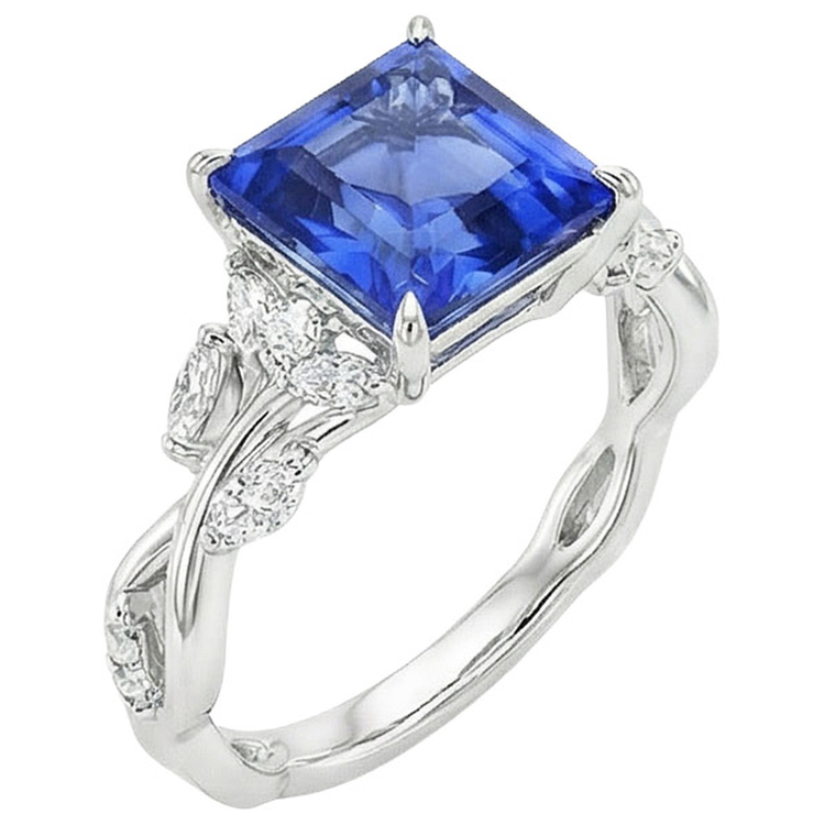 Bague Diamant Naturels Extraits des Mines ( et non cultivés en laboratoire ) Saphir Bleu Taille Princesse 6.75 Carats Bijoux Fantaisie