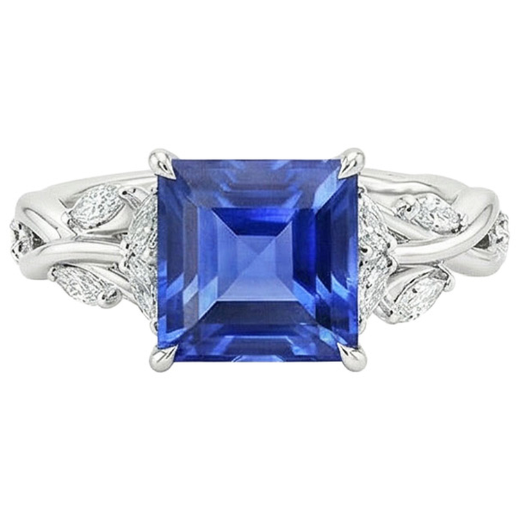Bague Diamant Naturels Extraits des Mines ( et non cultivés en laboratoire ) Saphir Bleu Taille Princesse 6.75 Carats Bijoux Fantaisie