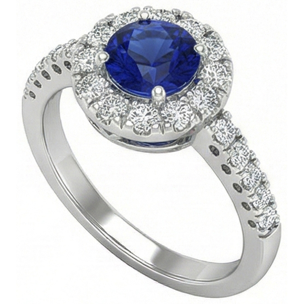 Bague Diamant Naturels Extraits des Mines ( et non cultivés en laboratoire ) Saphir Ceylan Bleu Rond 2 Carats Or Blanc 14K
