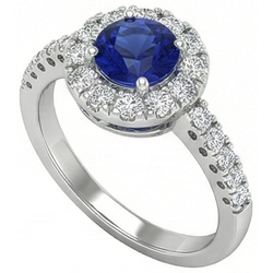 Bague Diamant Naturels Extraits des Mines ( et non cultivés en laboratoire ) Saphir Ceylan Bleu Rond 2 Carats Or Blanc 14K