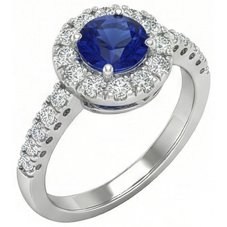 Bague Diamant Naturels Extraits des Mines ( et non cultivés en laboratoire ) Saphir Ceylan Bleu Rond 2 Carats Or Blanc 14K