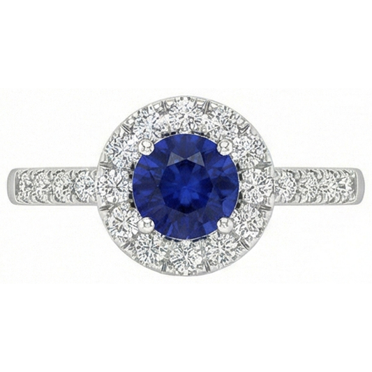 Bague Diamant Naturels Extraits des Mines ( et non cultivés en laboratoire ) Saphir Ceylan Bleu Rond 2 Carats Or Blanc 14K