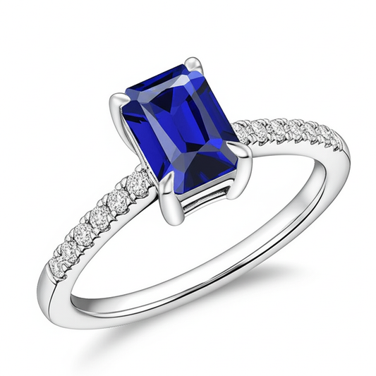 Bague Diamant Naturels Extraits des Mines ( et non cultivés en laboratoire ) Solitaire Accents Saphir Bleu Radiant 4 Carats