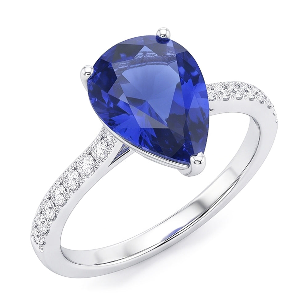 Bague Diamant Solitaire Poire Saphir Ceylan Avec Accents 4 Carats