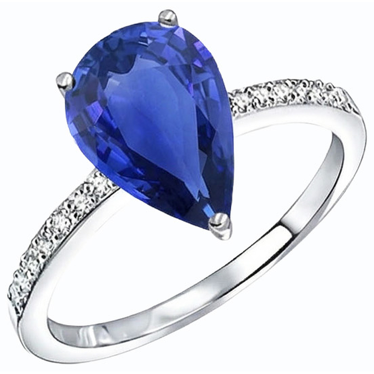 Bague Diamant Solitaire Poire Saphir Ceylan Avec Accents 4 Carats