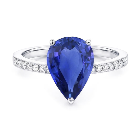 Bague Diamant Solitaire Poire Saphir Ceylan Avec Accents 4 Carats