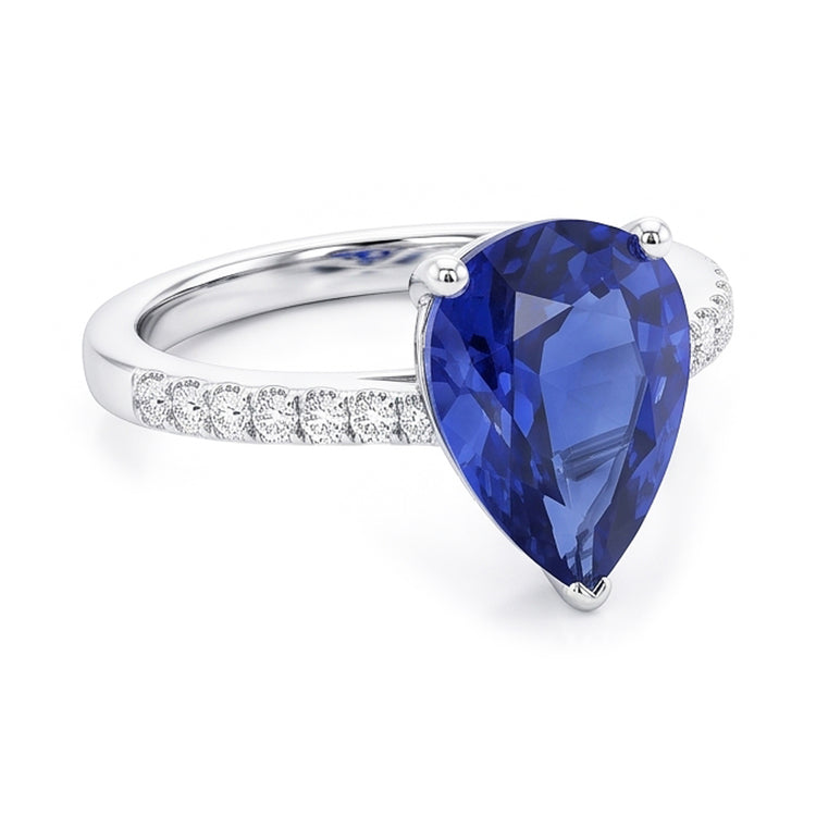 Bague Diamant Solitaire Poire Saphir Ceylan Avec Accents 4 Carats