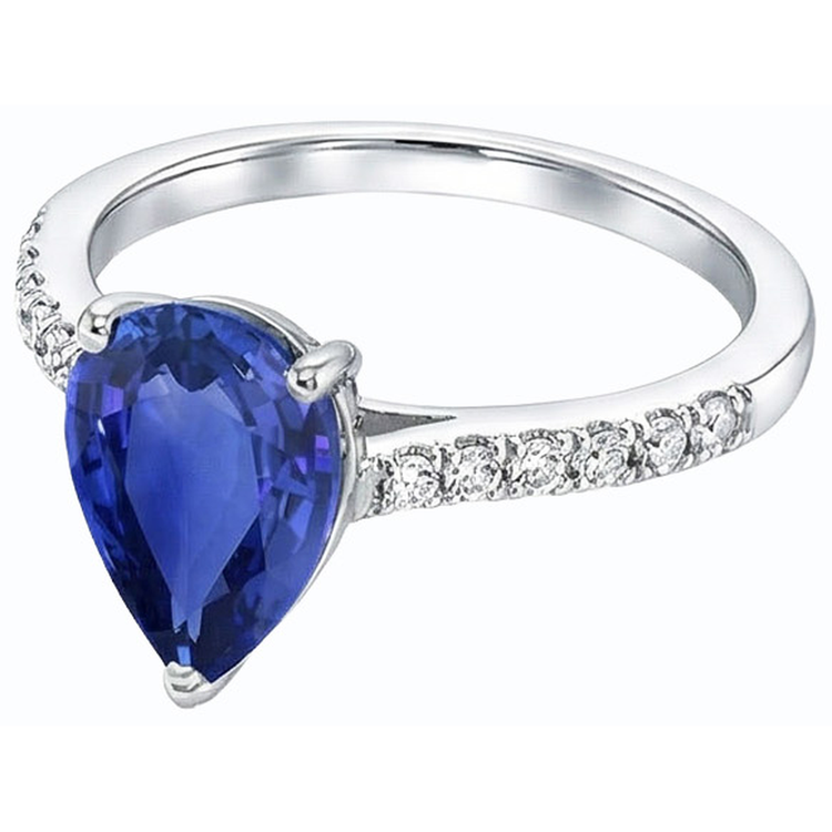 Bague Diamant Solitaire Poire Saphir Ceylan Avec Accents 4 Carats
