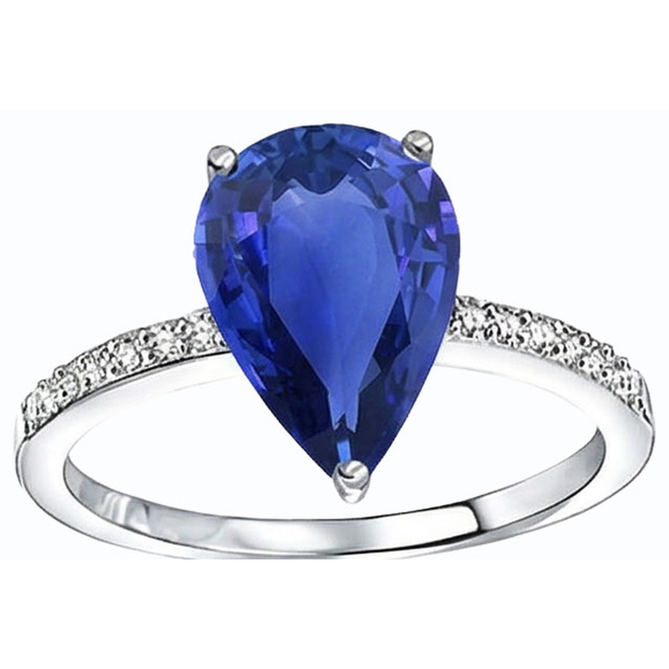 Bague Diamant Solitaire Poire Saphir Ceylan Avec Accents 4 Carats