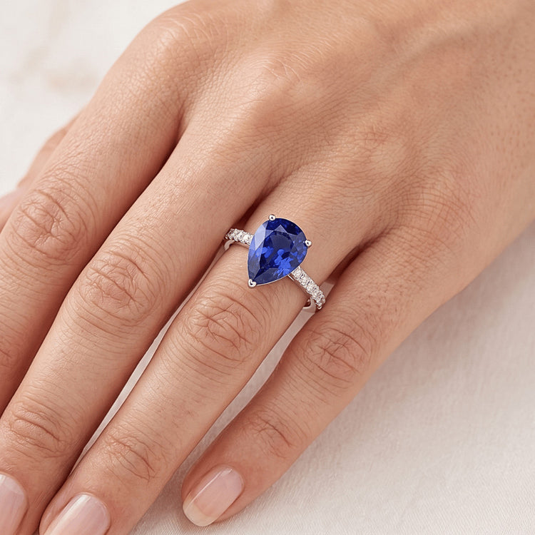 Bague Diamant Solitaire Poire Saphir Ceylan Avec Accents 4 Carats