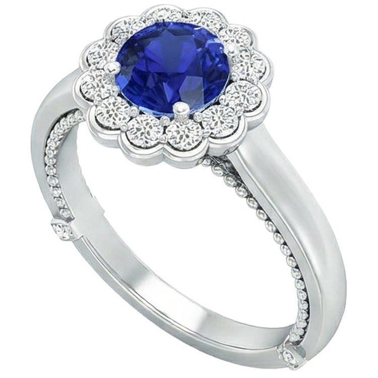 Bague Diamant Naturels Extraits des Mines ( et non cultivés en laboratoire ) Style Antique Halo Style Fleur Saphir Bleu 2.50 Carats