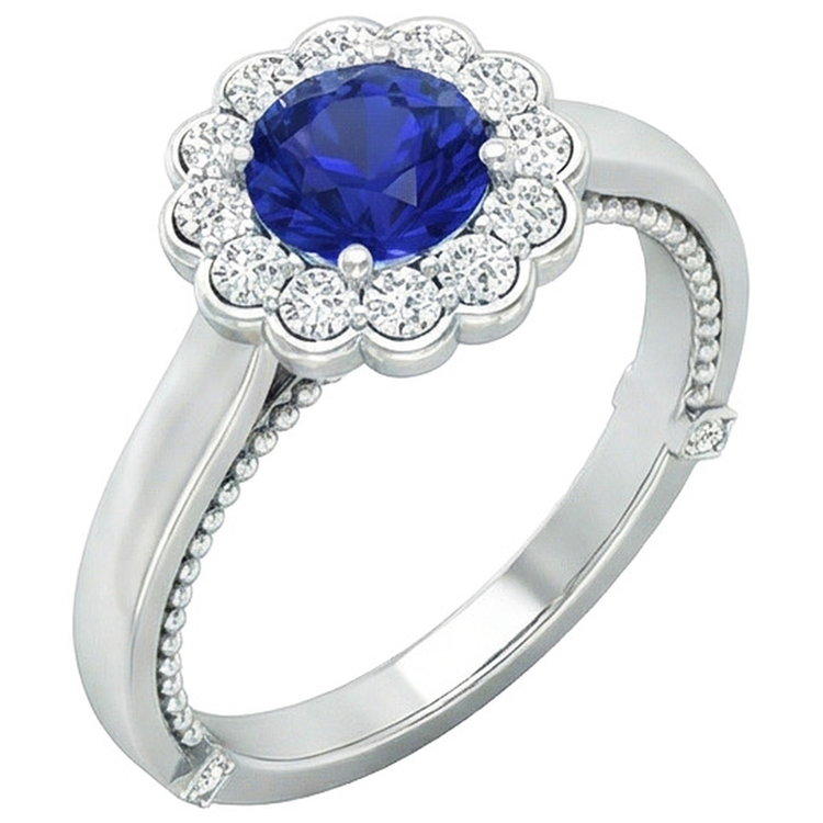 Bague Diamant Naturels Extraits des Mines ( et non cultivés en laboratoire ) Style Antique Halo Style Fleur Saphir Bleu 2.50 Carats
