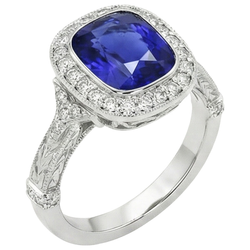Bague Diamant Naturels Extraits des Mines ( et non cultivés en laboratoire ) Style Antique Lunette Sertie Coussin Ceylan Saphir 8 Carats