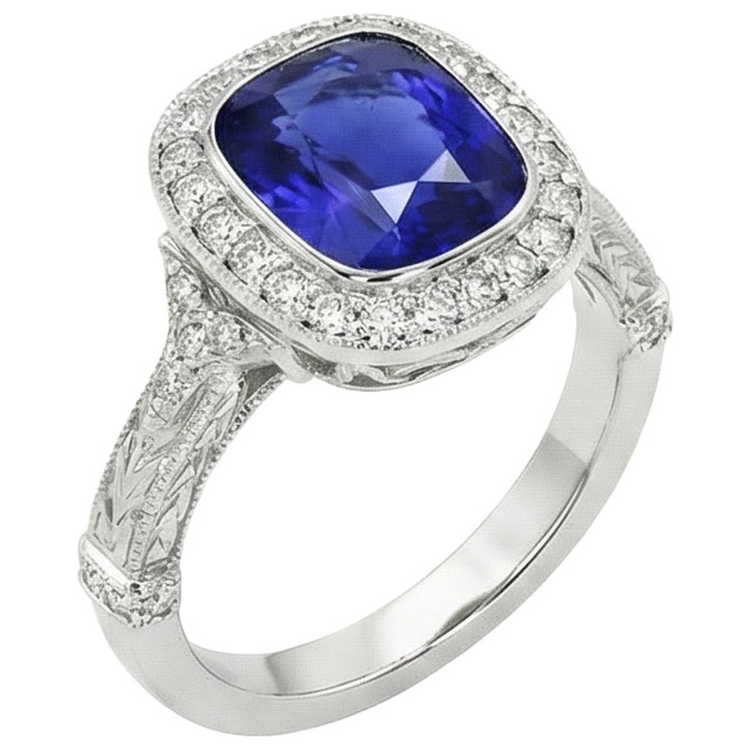 Bague Diamant Naturels Extraits des Mines ( et non cultivés en laboratoire ) Style Antique Lunette Sertie Coussin Ceylan Saphir 8 Carats
