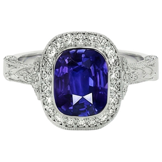 Bague Diamant Naturels Extraits des Mines ( et non cultivés en laboratoire ) Style Antique Lunette Sertie Coussin Ceylan Saphir 8 Carats