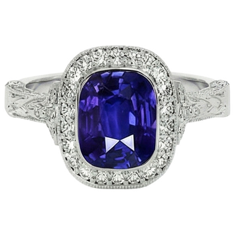 Bague Diamant Naturels Extraits des Mines ( et non cultivés en laboratoire ) Style Antique Lunette Sertie Coussin Ceylan Saphir 8 Carats
